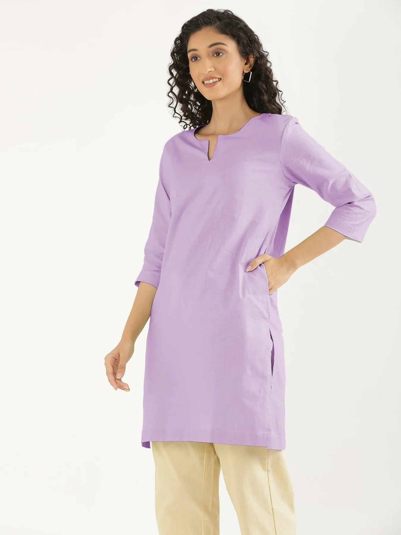 Women Lilac Airy Linen Mid Thigh Length Kurta