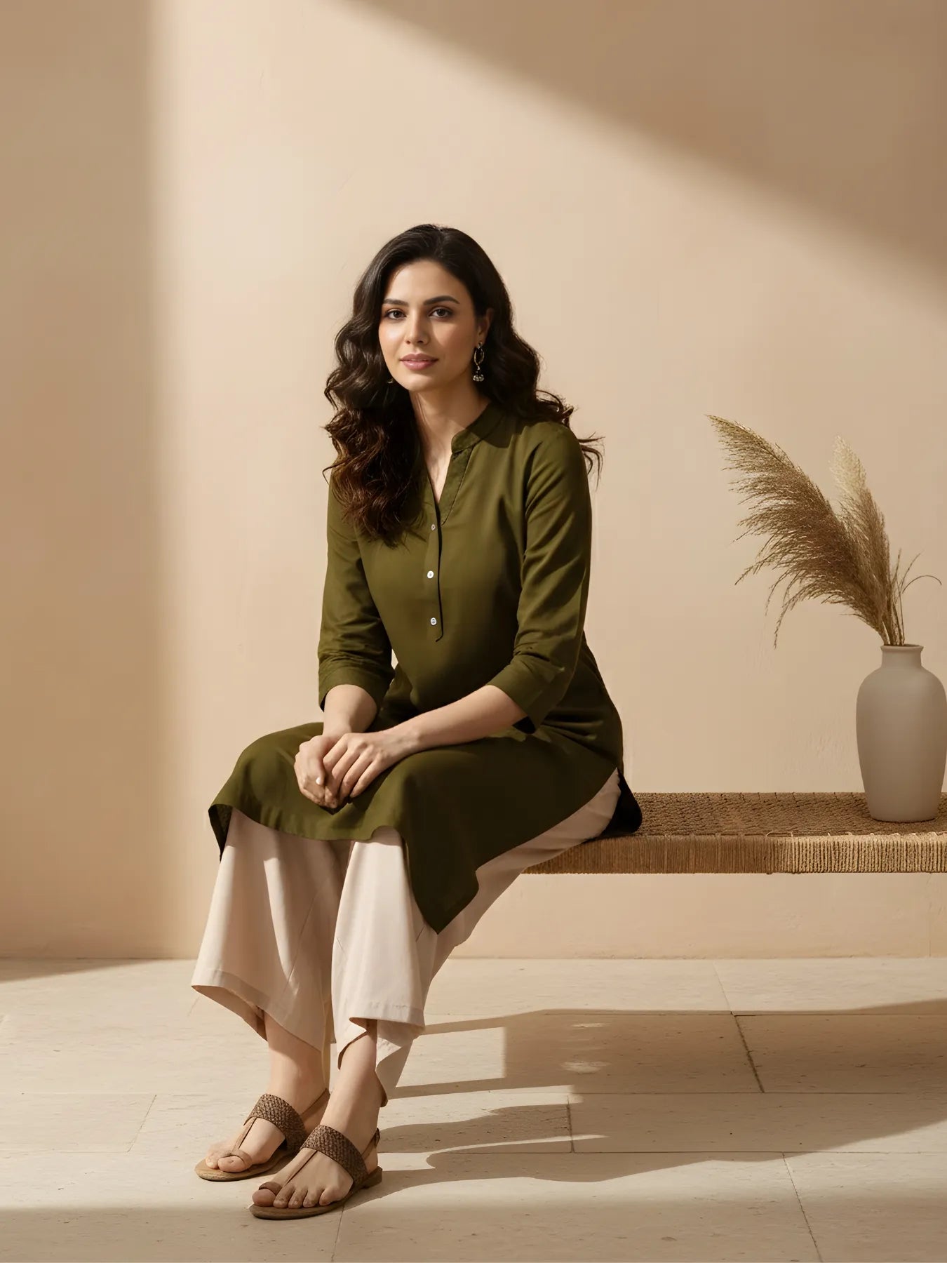 Women Olive Green Airy Linen Long Kurta & Beige Viscose Palazzo Pant Set