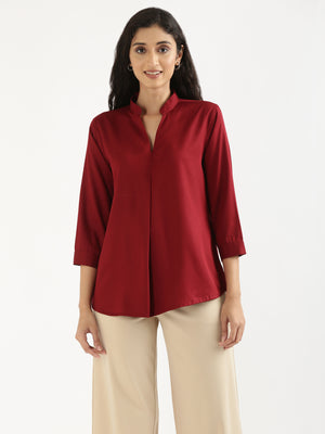 Women Maroon Viscose Pleated Top