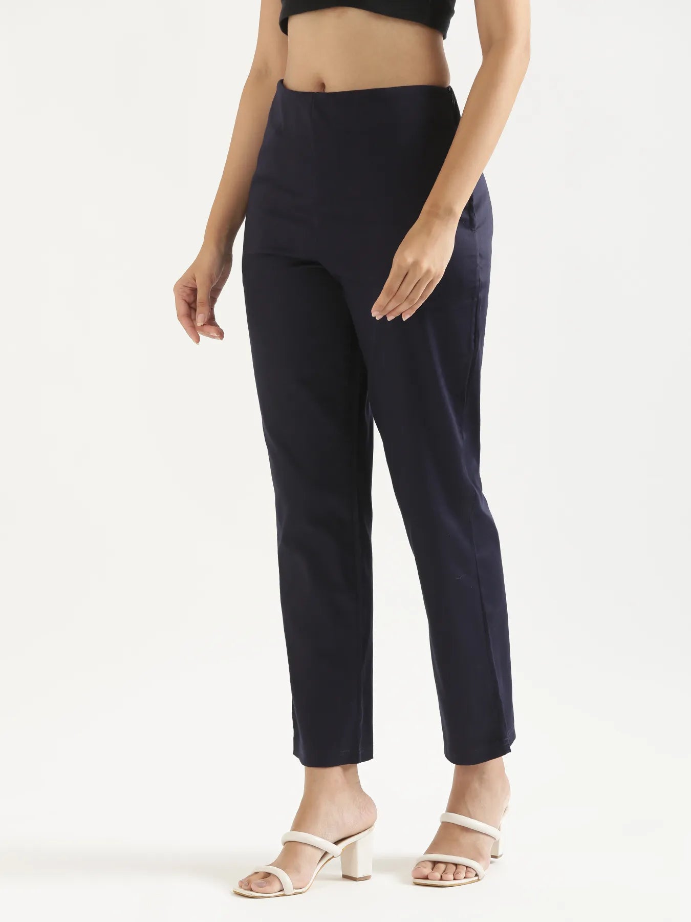 Women Navy Blue Straight Fit Formal Pants