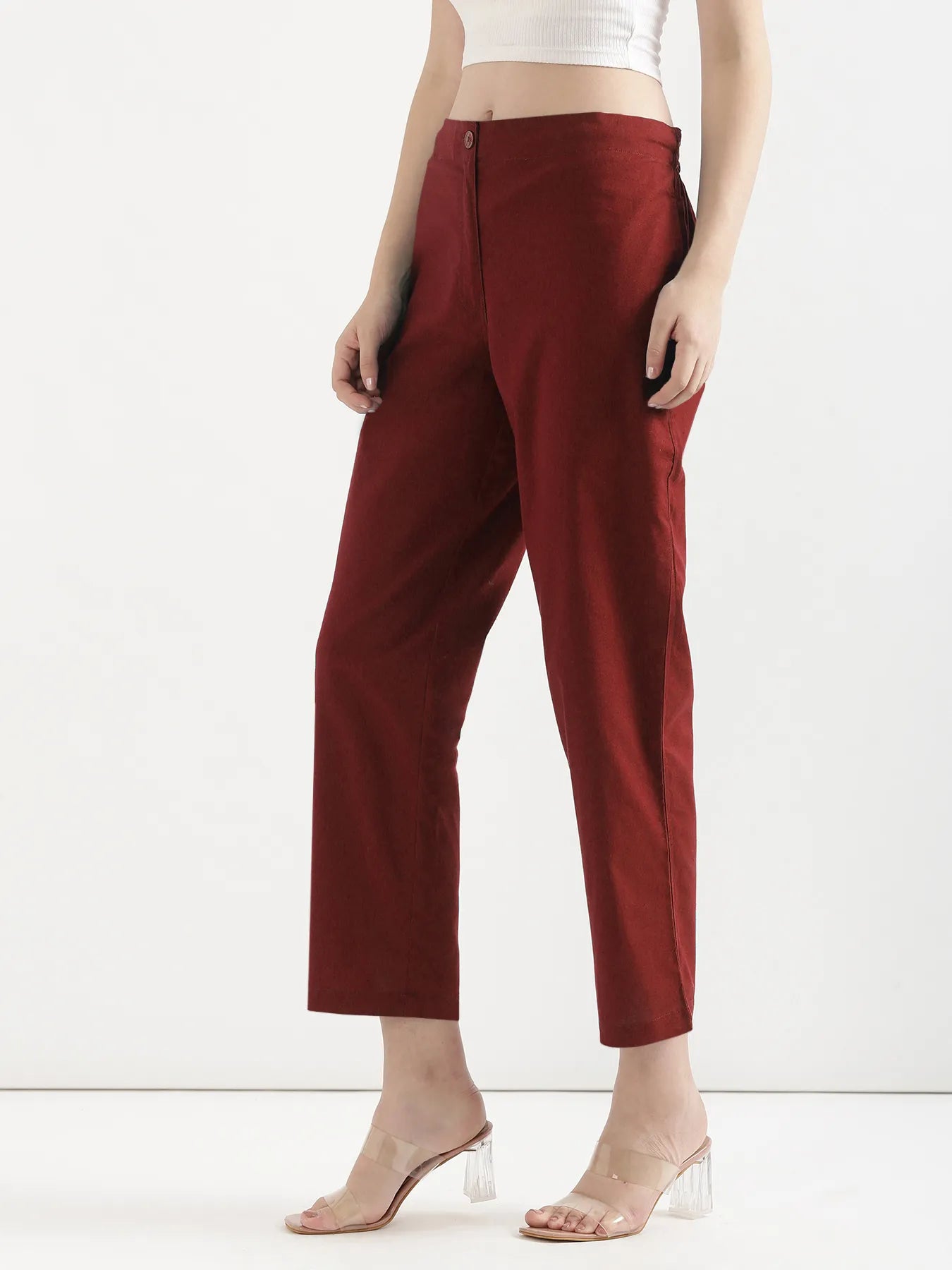 Women Maroon Airy Linen Straight Pant