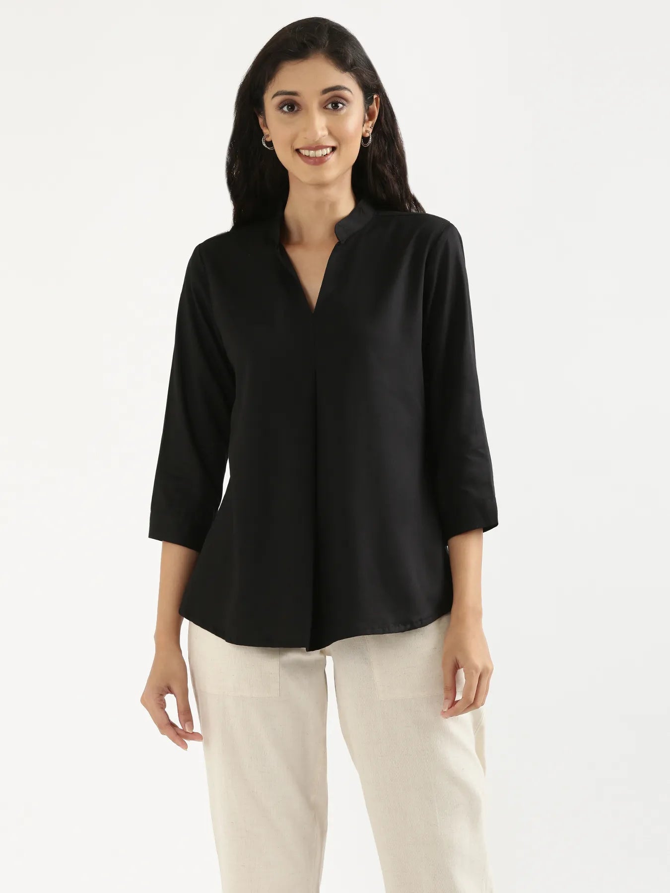 Women Black Viscose Pleated Top