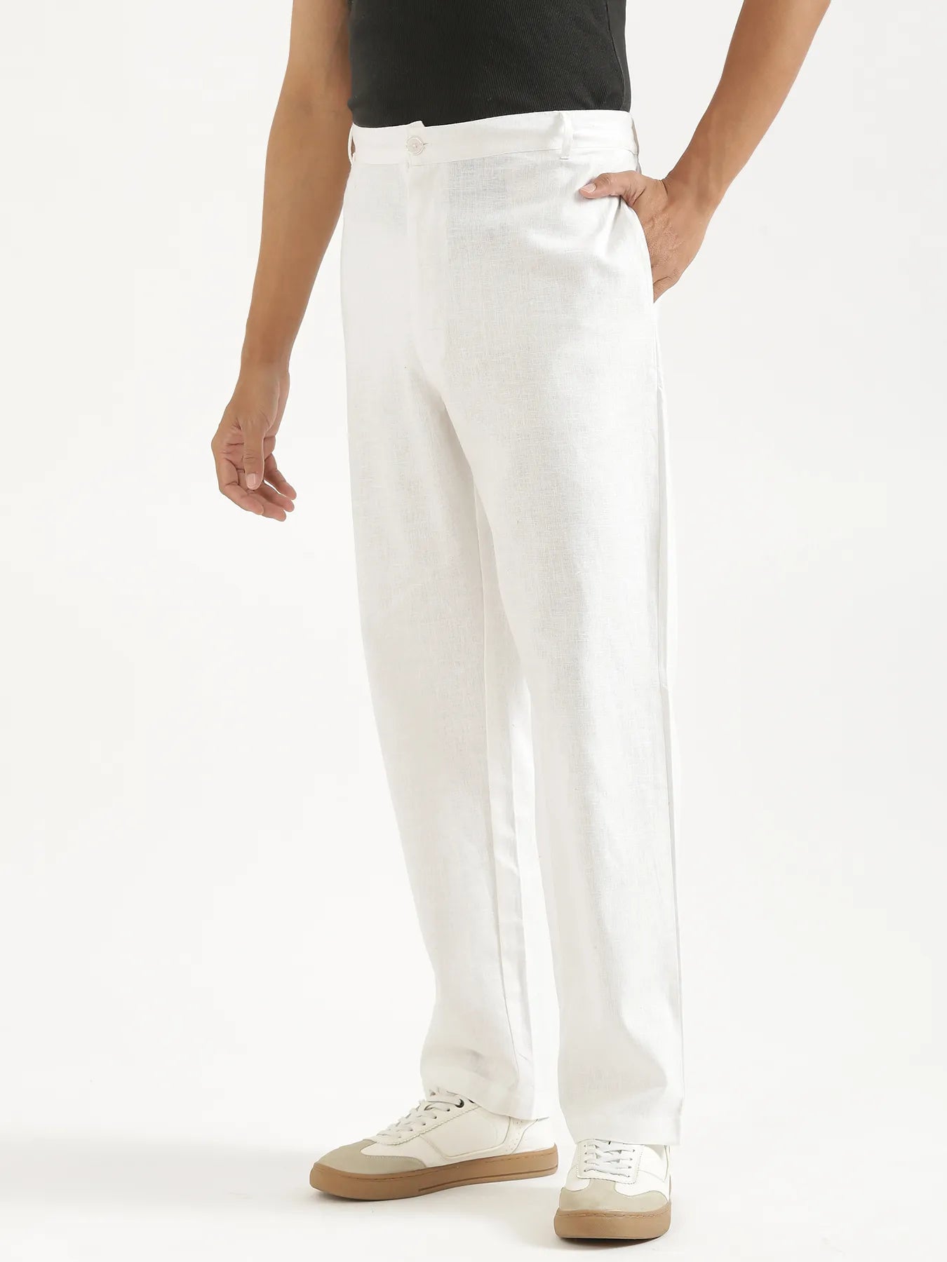 Men White Linen Blend Straight Pant