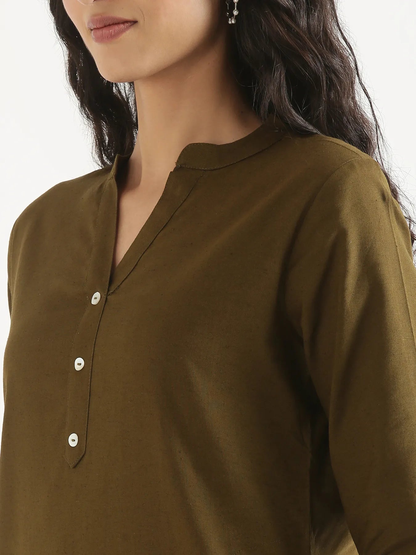 Women Olive Green Airy Linen Long Kurta & Cement Grey Cotton Pant Set