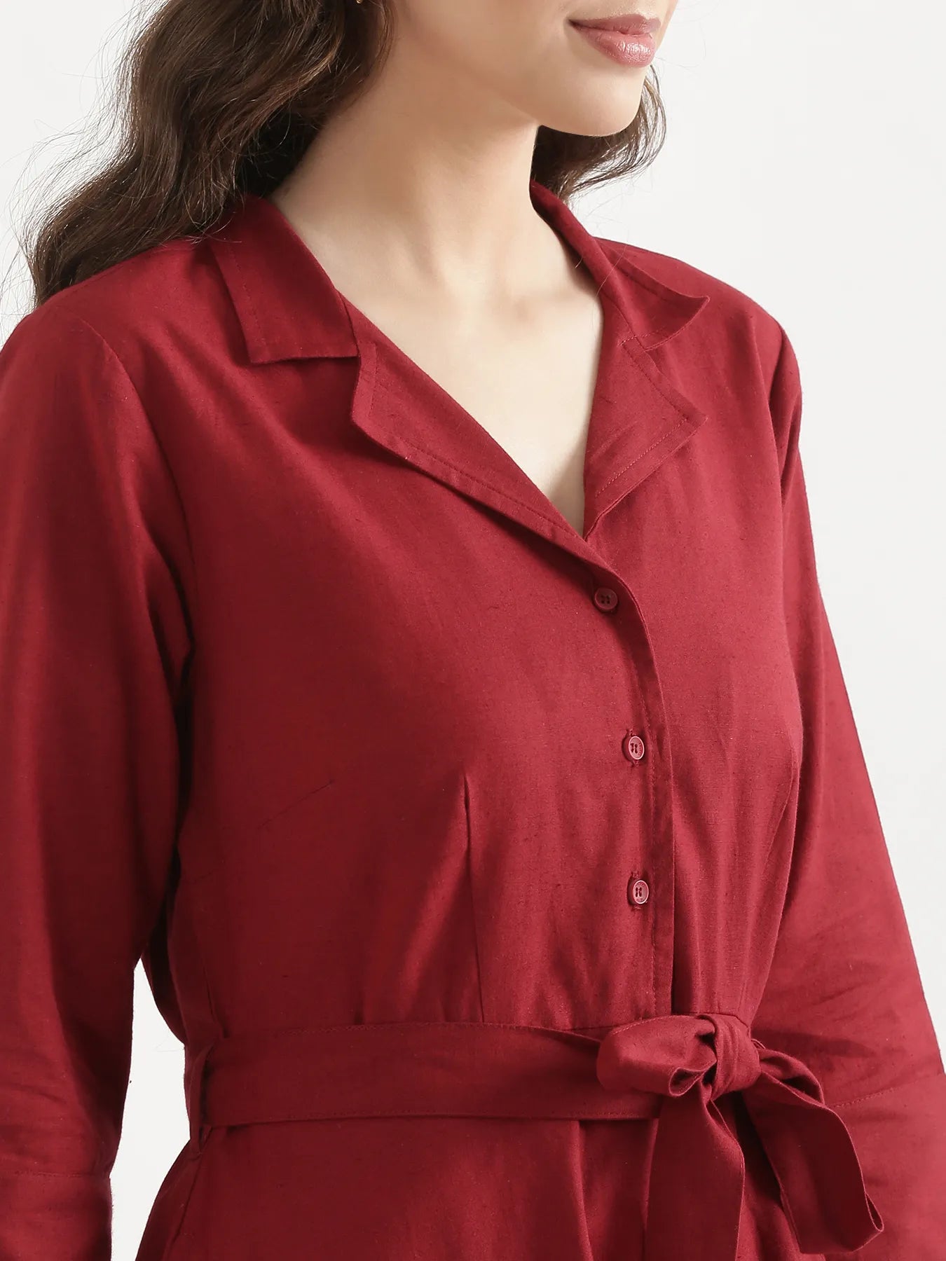 Women Maroon Airy Linen Flared Dress