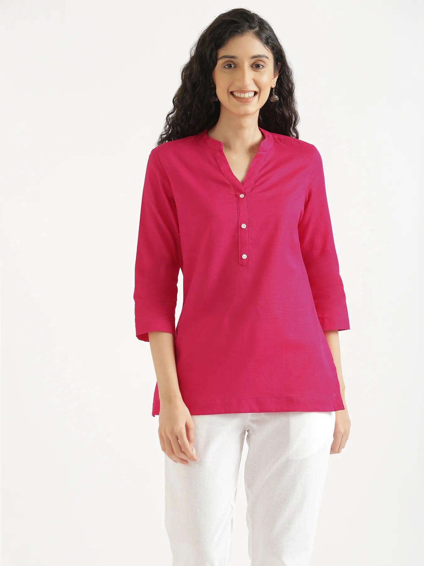 Women Hot Pink Airy Linen Short Kurta