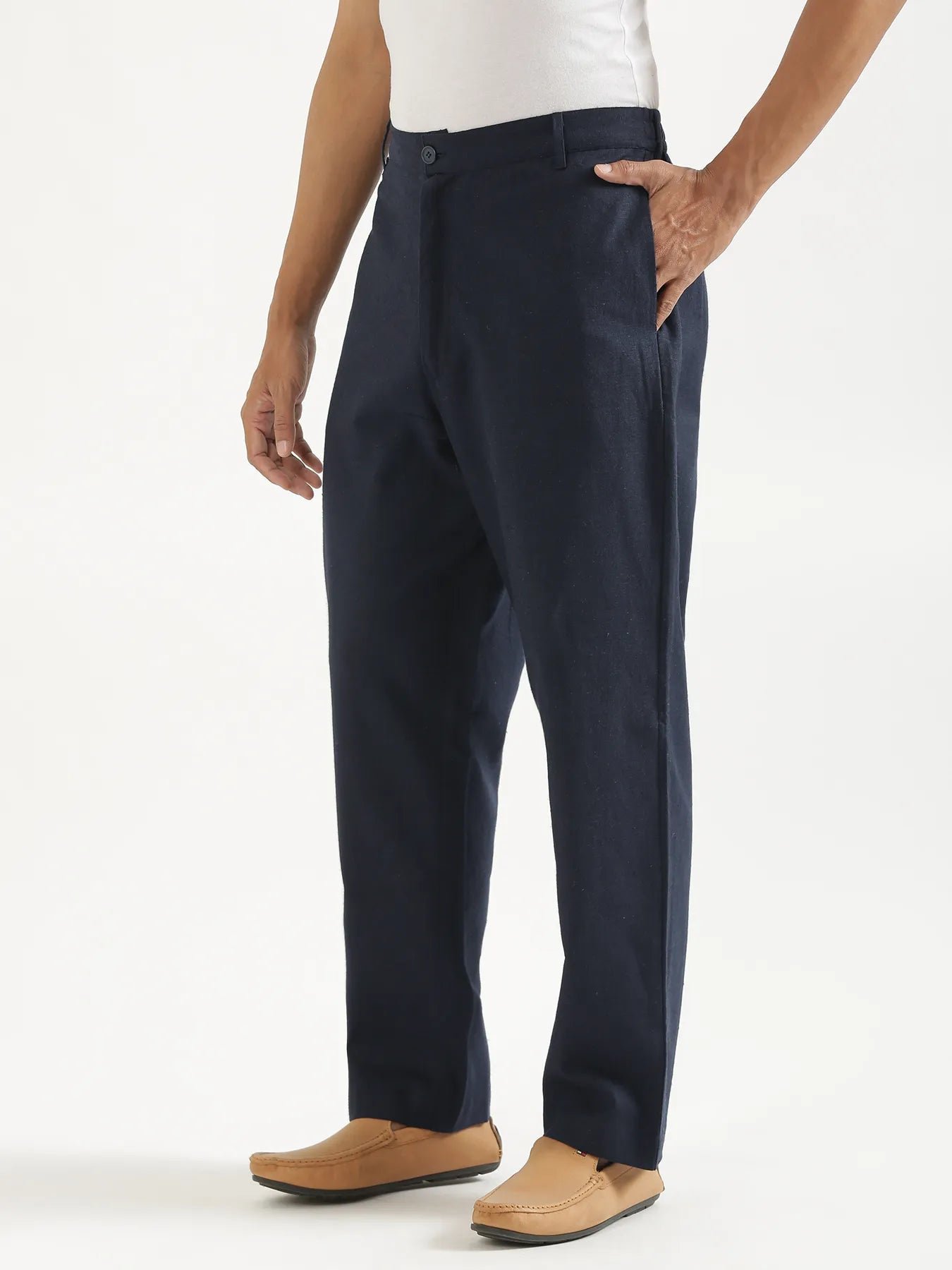 Men Navy Blue Linen Blend Straight Pant