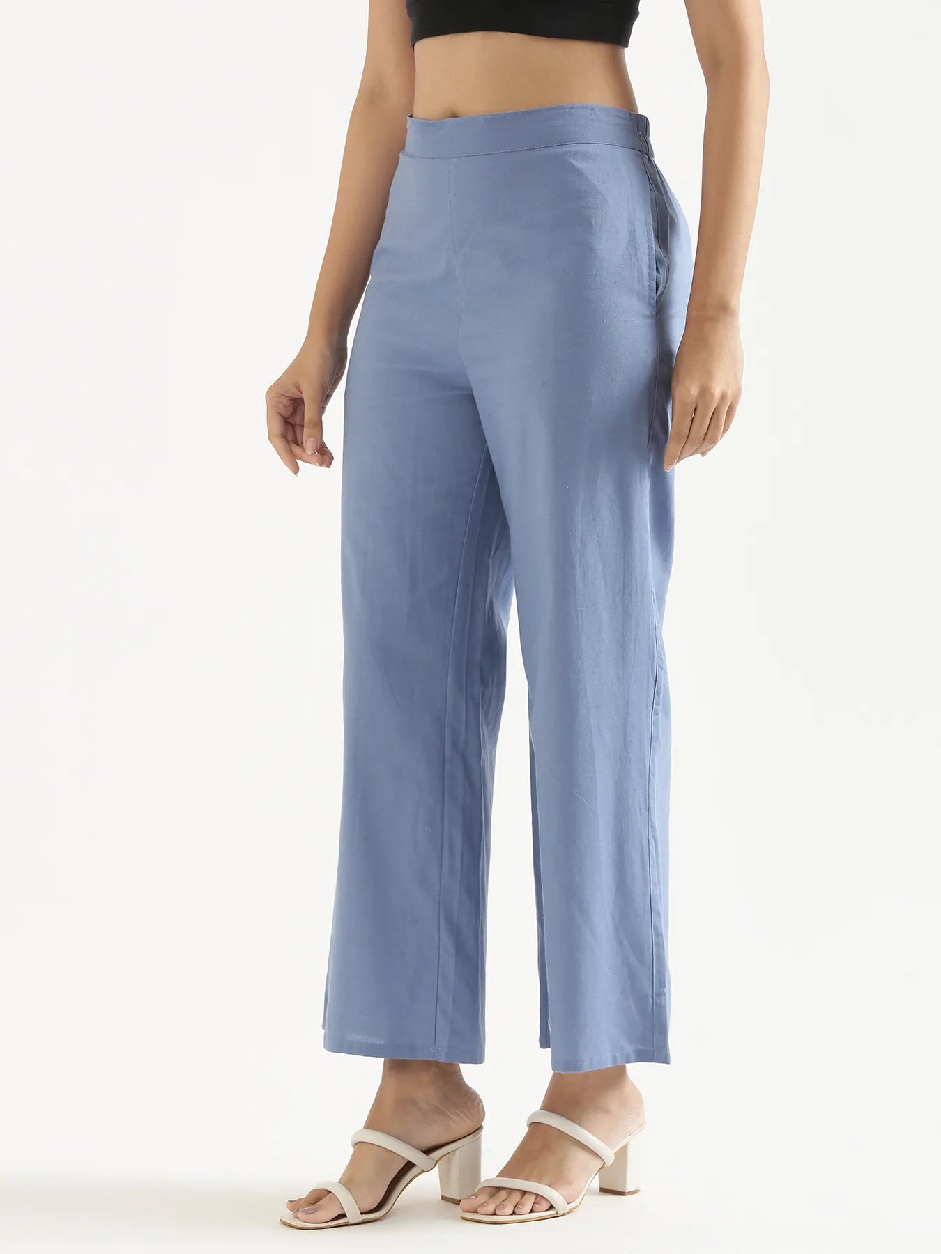 Women English Blue Airy Linen Wide Leg Pant