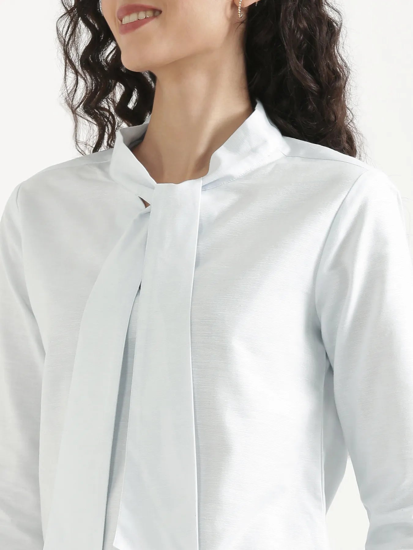 Women Powder Blue Linen Blend Knot Blouse