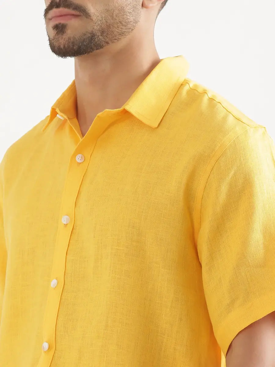 Men Mango Yellow Pure Linen Short Sleeve Shirt