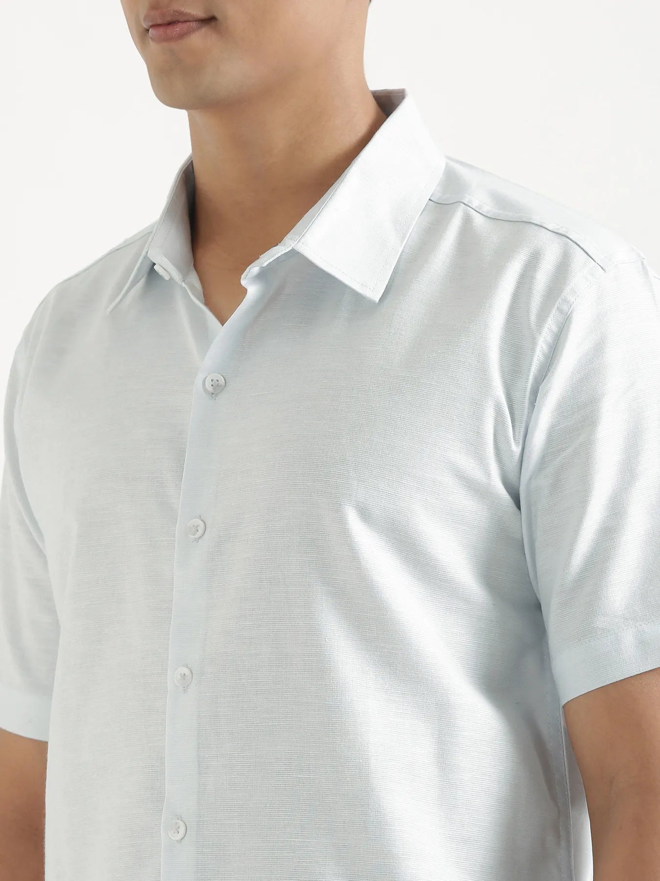Men Powder Blue Linen Blend Short Sleeve Shirt