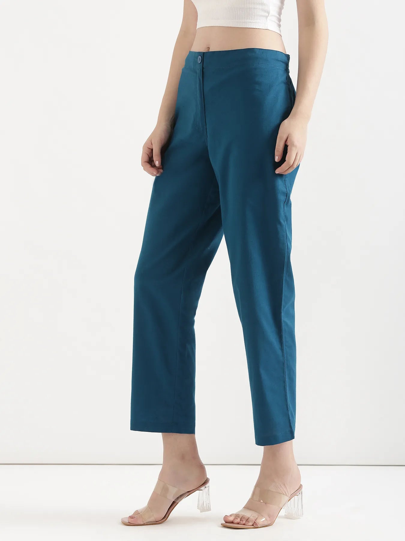 Women Turquoise Airy Linen Straight Pant