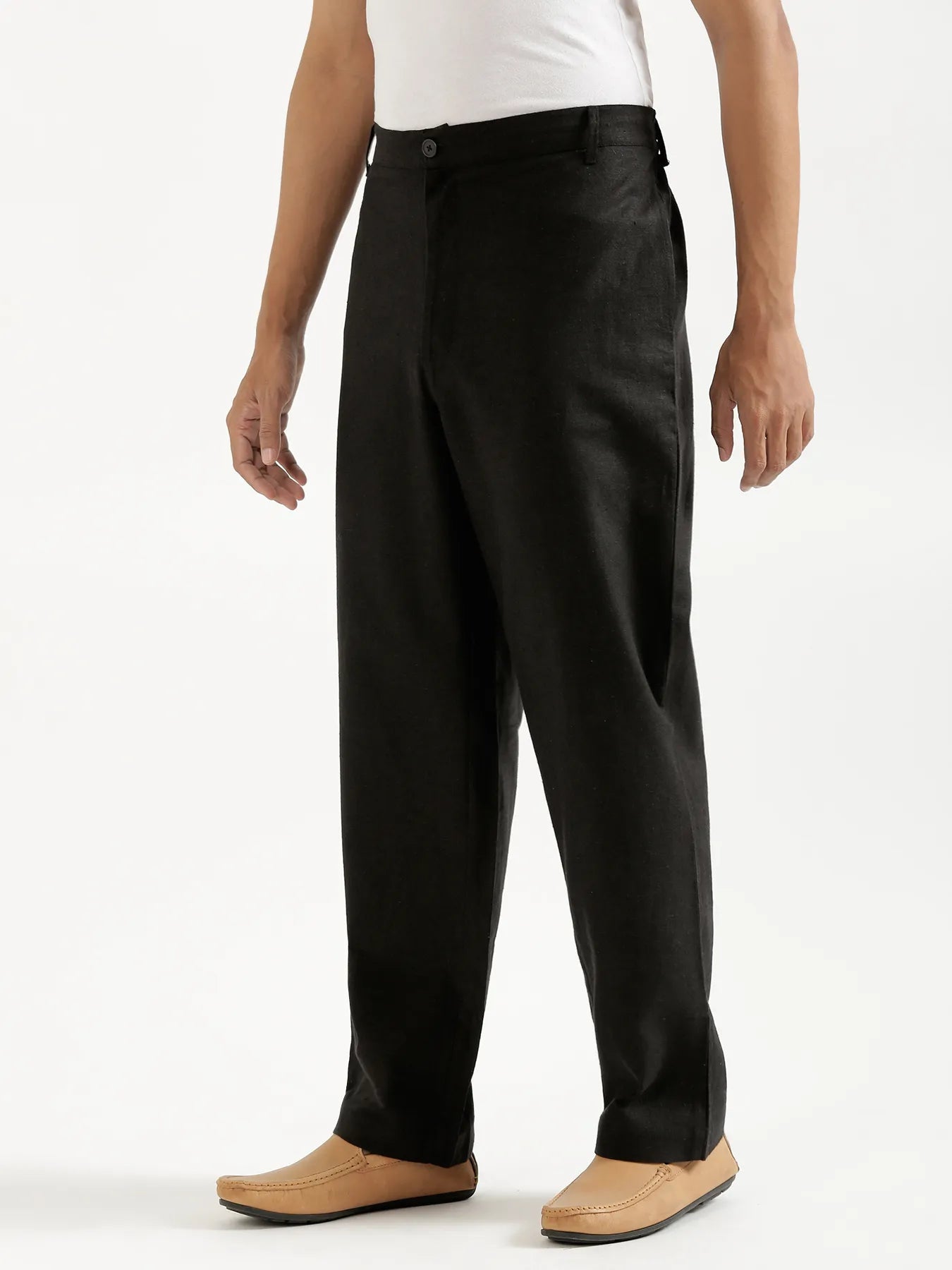 Men Black Linen Blend Pant & Taupe Pure Linen Short Sleeve Shirt