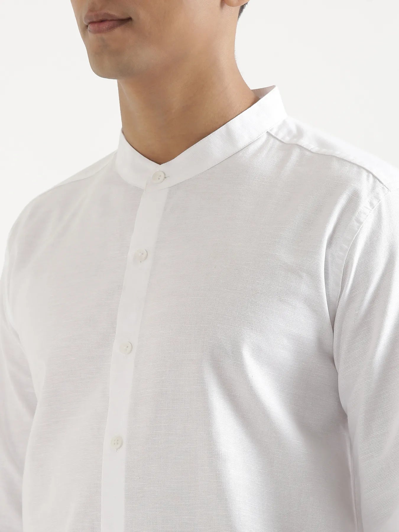 Men White Linen Blend Mandarin Collar Shirt