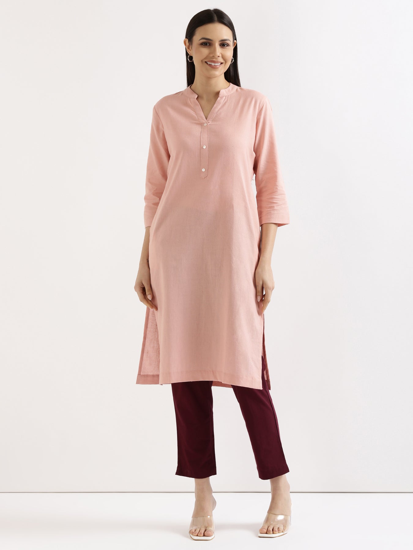 Salmon Pink Airy Linen Long Kurta with Wine Cotton Pant