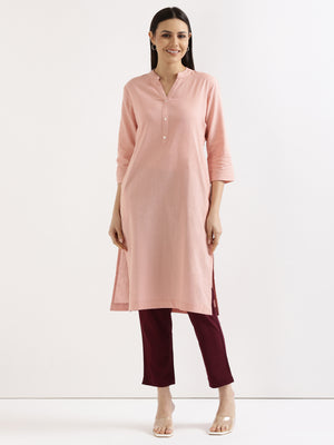 Salmon Pink Airy Linen Long Kurta with Wine Cotton Pant