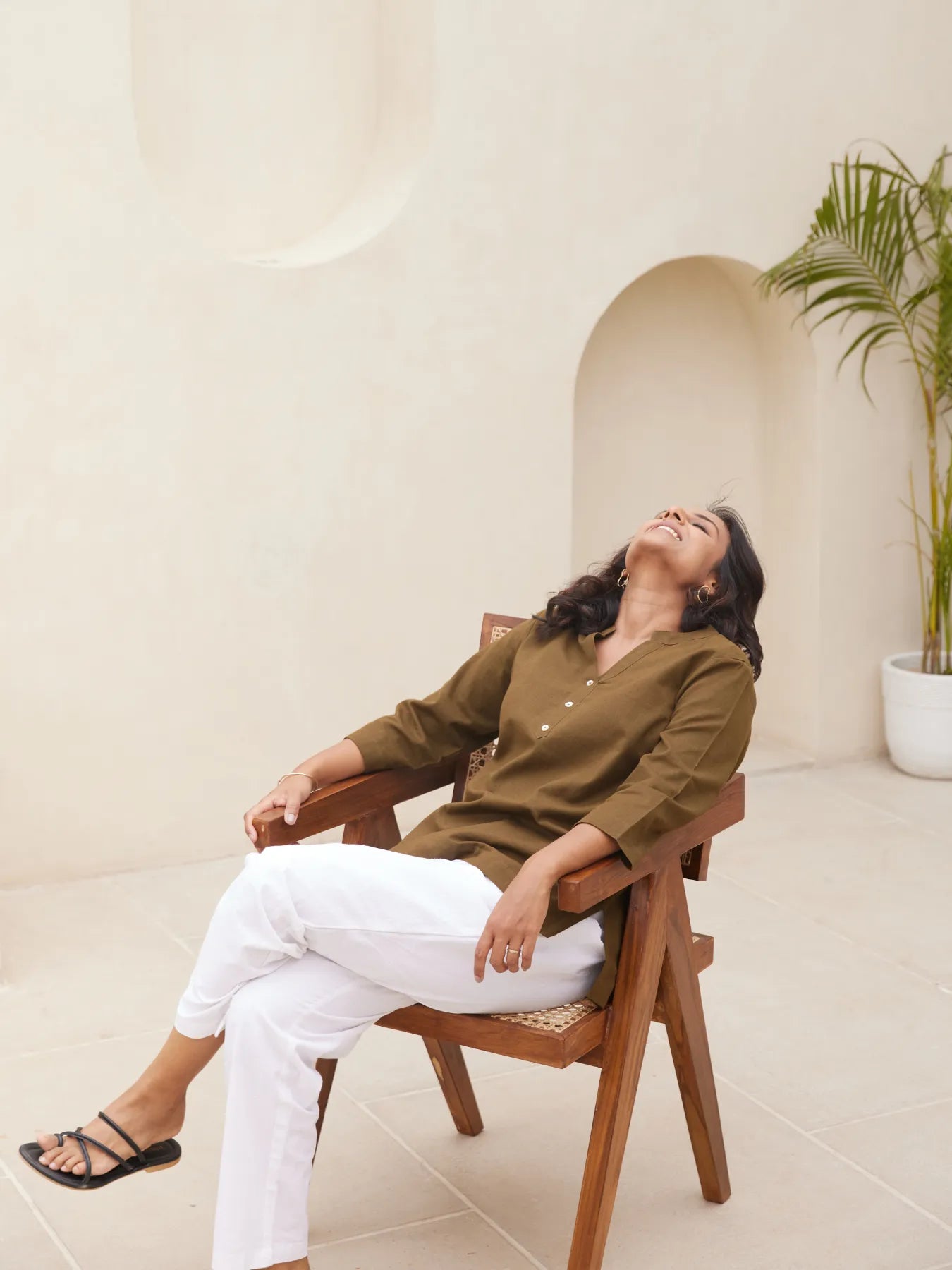 Olive Green Short Kurta with White Cotton Pant