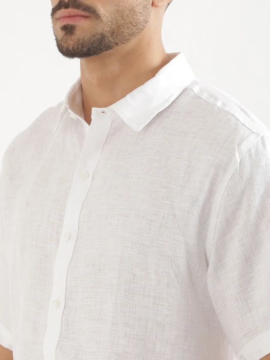 Men White 100% Linen Half Sleeve Shirt