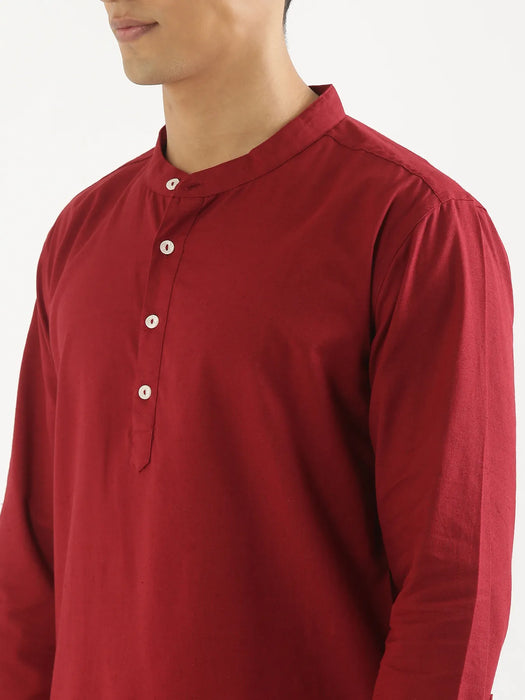 Men Maroon Airy Linen Short Kurta