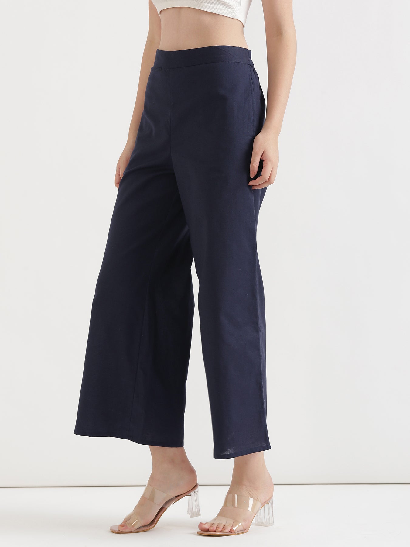 Navy Blue Airy Linen Wide Leg Pant