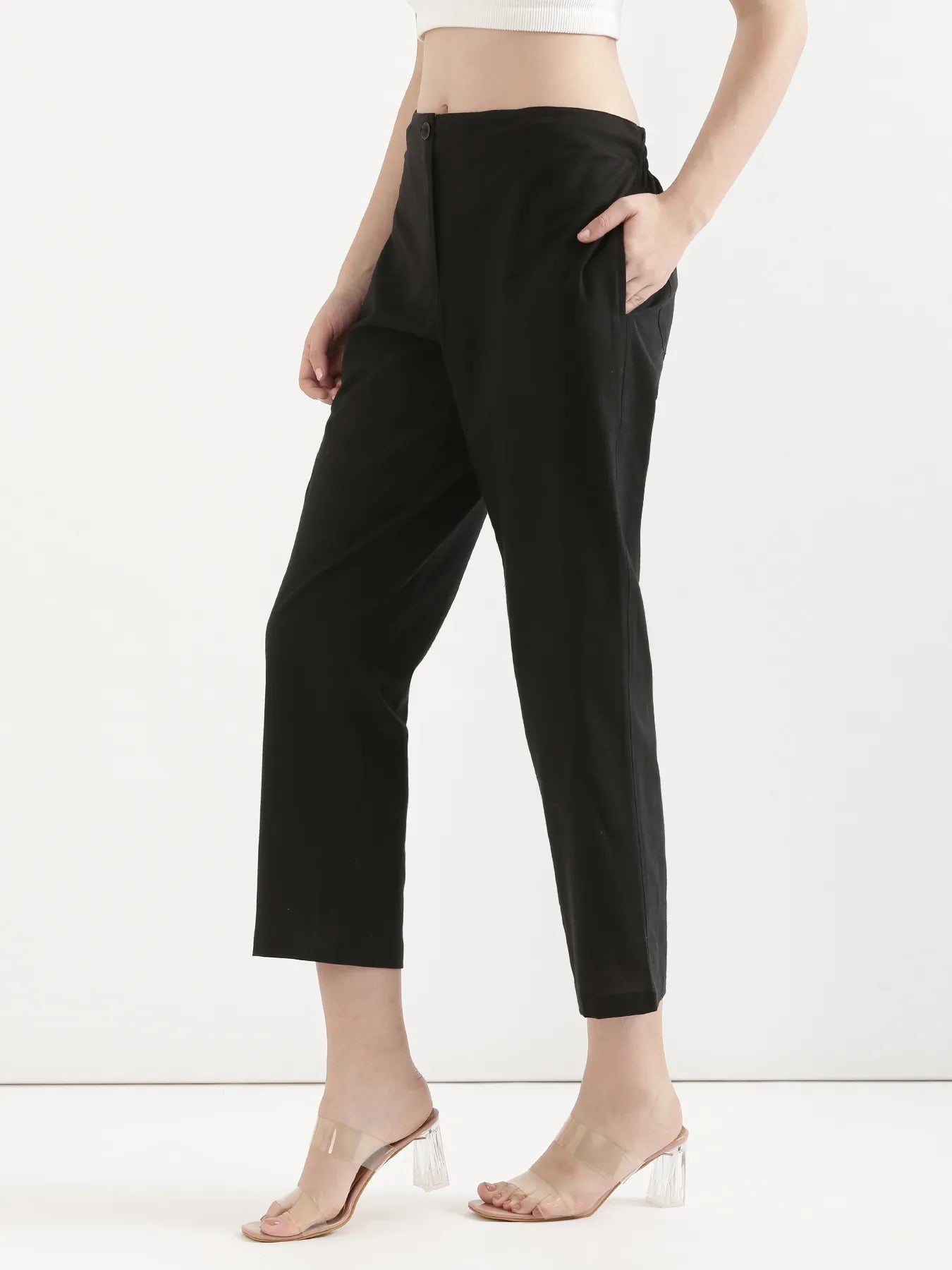 Women Black Airy Linen Straight Pant