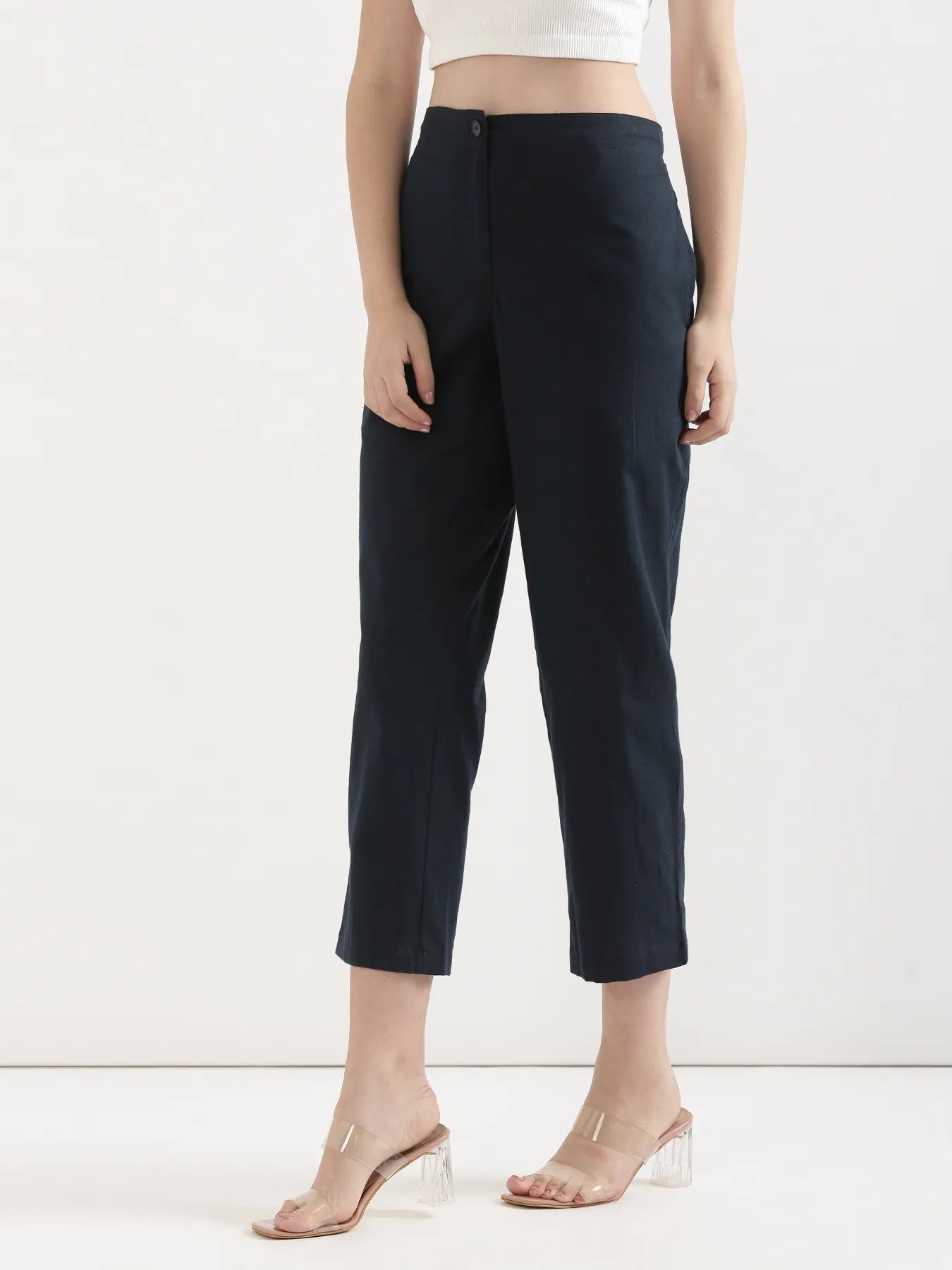 Women Navy Blue Airy Linen Straight Pant