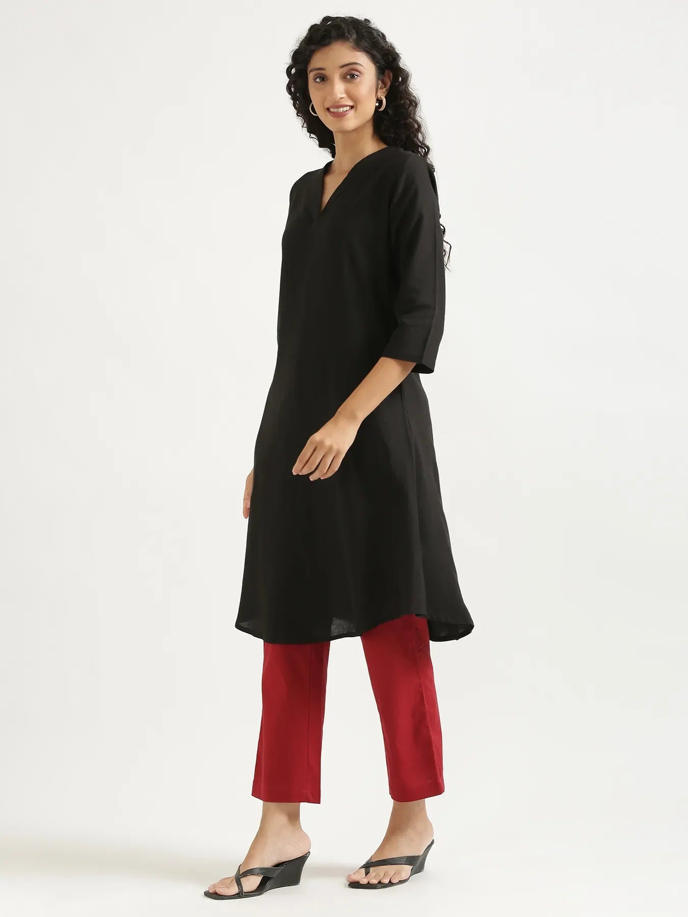 Women Black Flowy Linen A-Line Long Kurta