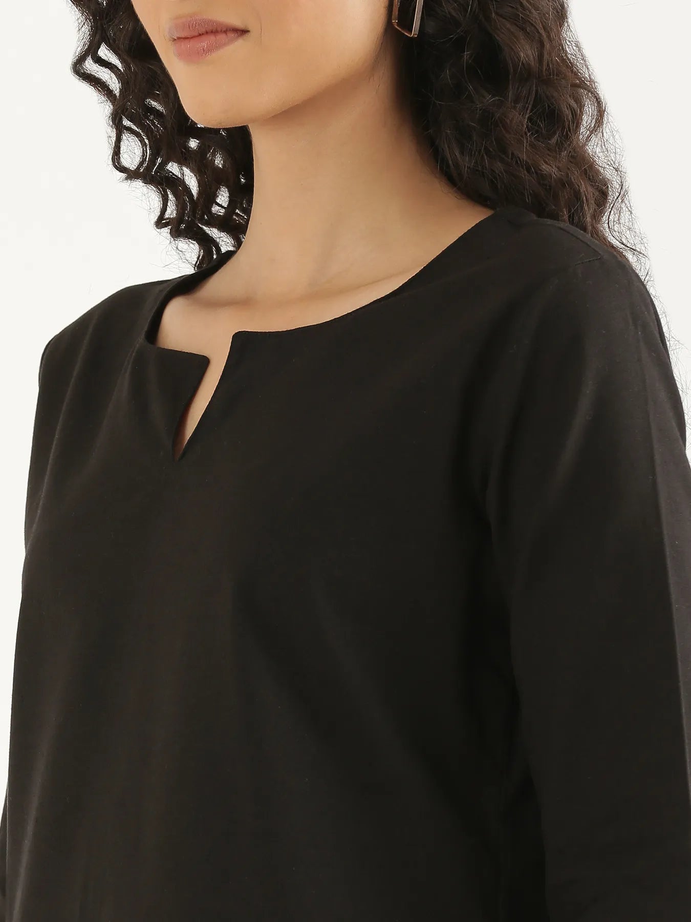 Women Black Airy Linen Split Neck Short Kurta