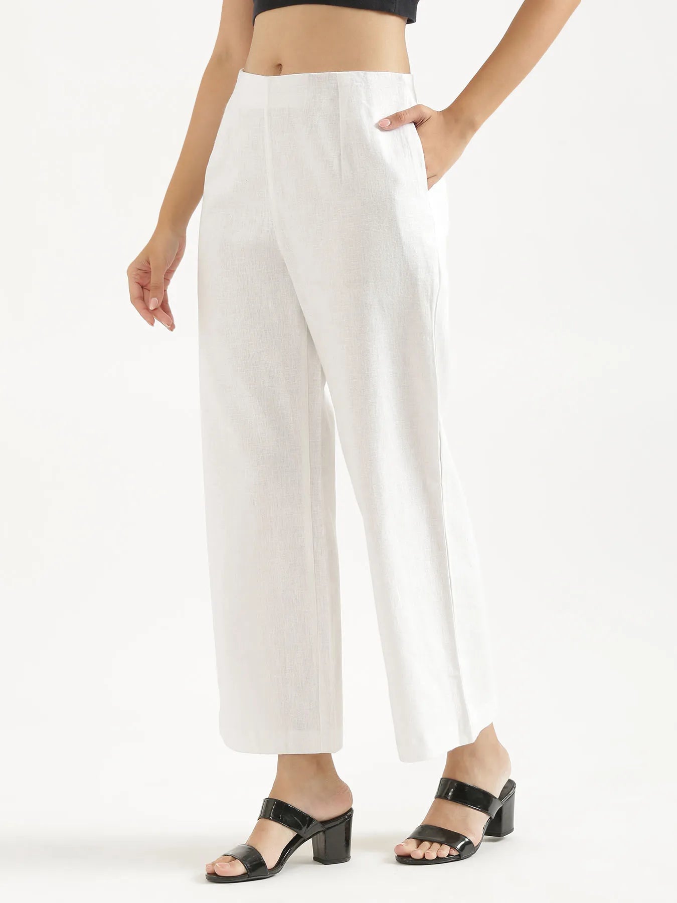 Women White Linen Blend Wide Leg Pant