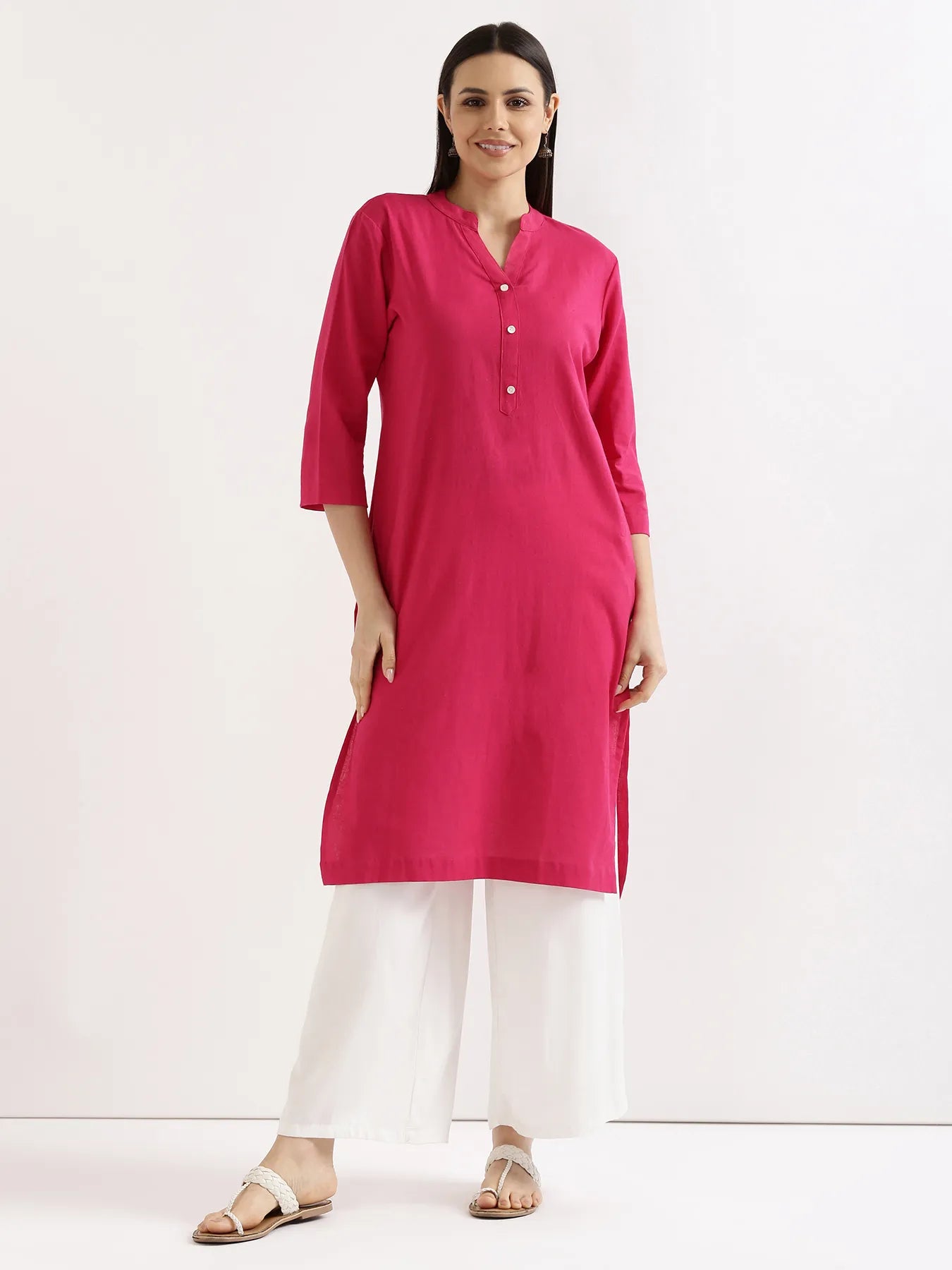 Women Hot Pink Airy Linen Long Kurta & White Viscose Palazzo Pant Set