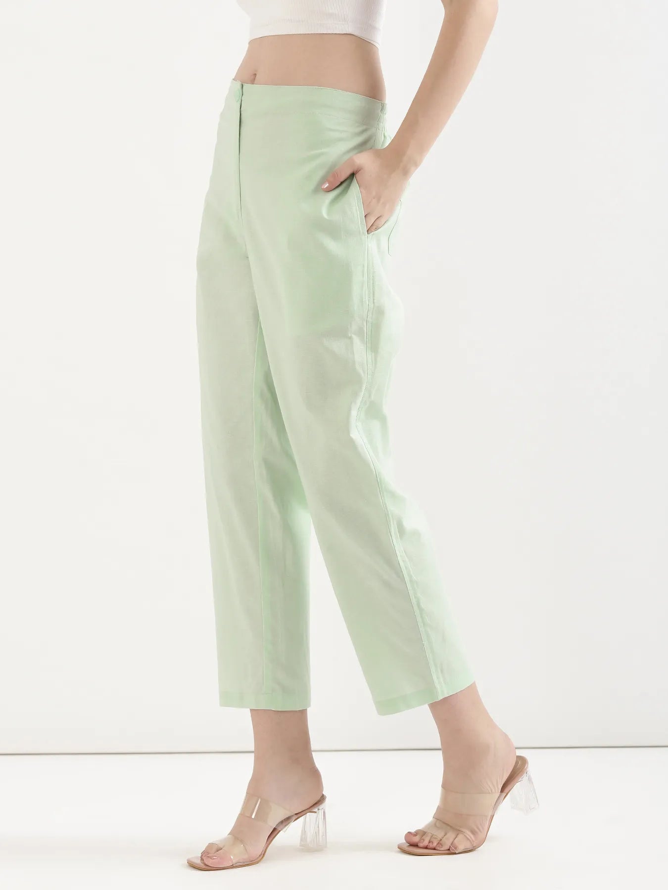 Women Mint Green Airy Linen Straight Pant