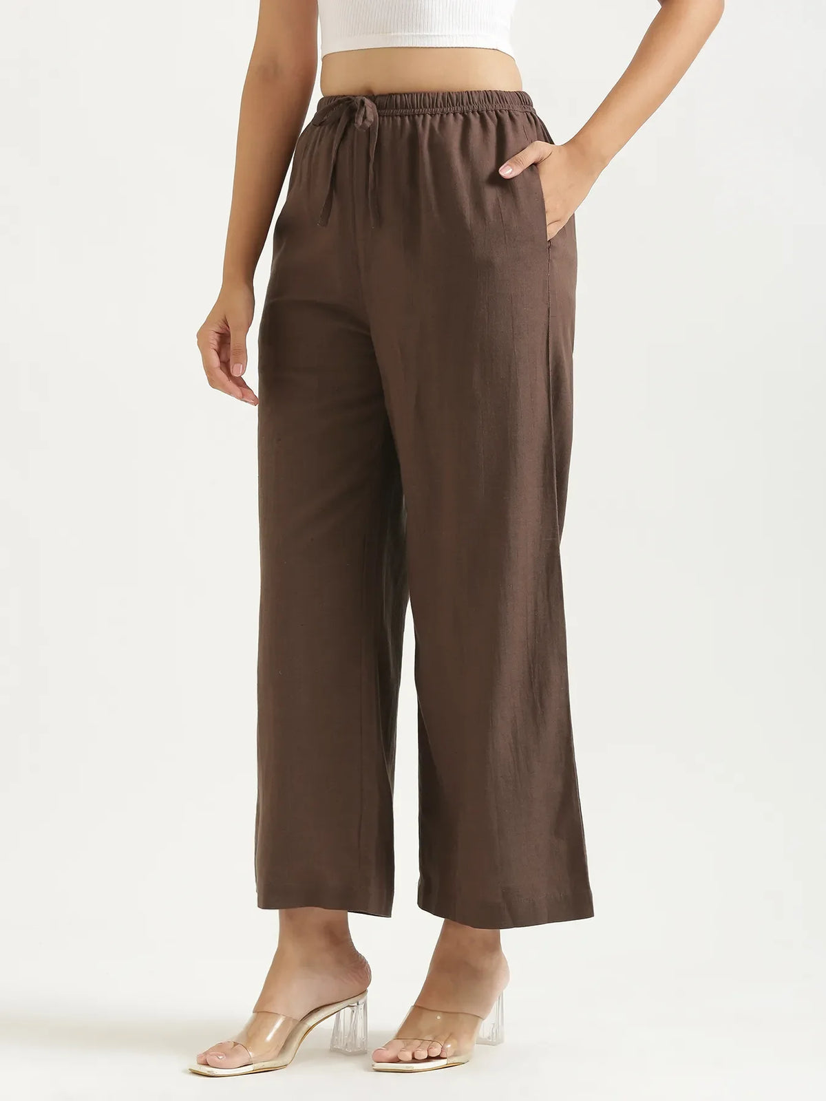 Women Dark Brown Flowy Linen Wide Leg Pants