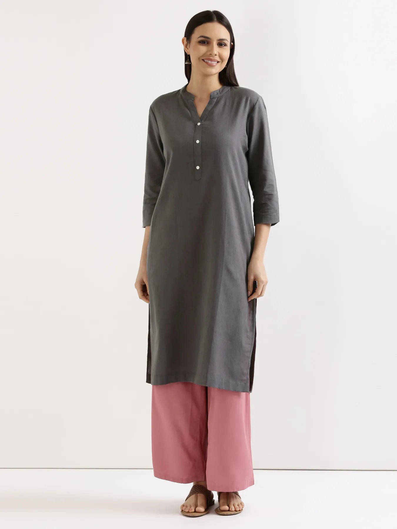 Women Slate Grey Airy Linen Long Kurta & Rose Viscose Palazzo Pant Set