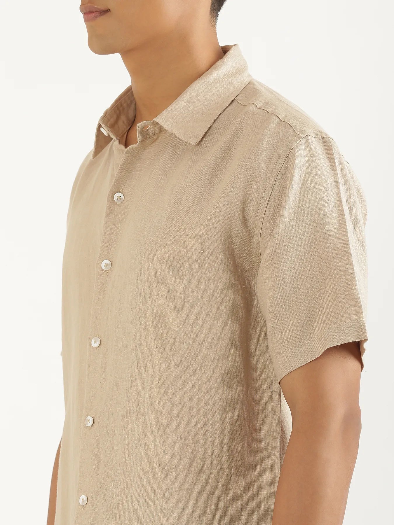 Men Taupe Pure Linen Short Sleeve Shirt