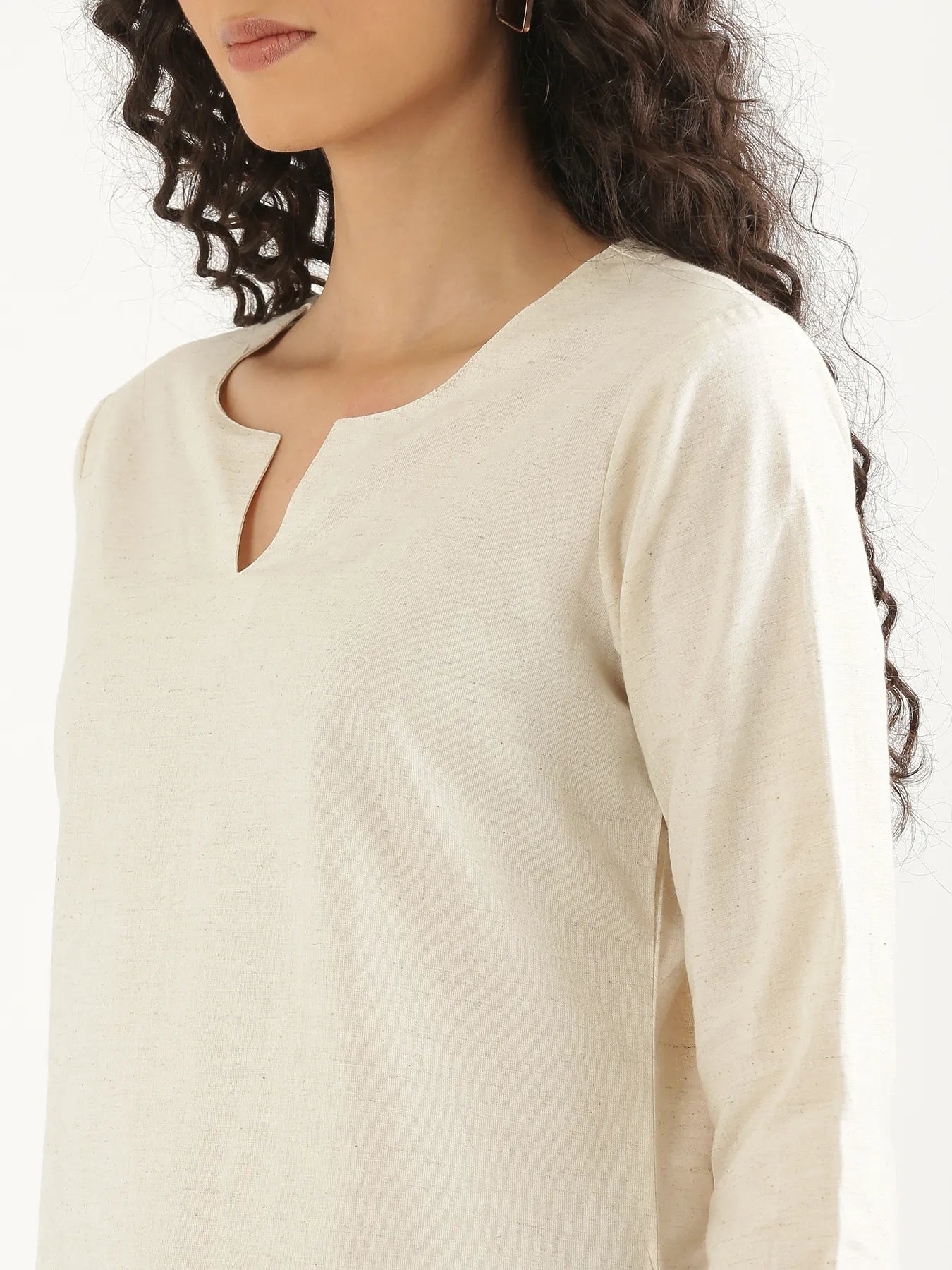Women Ecru Airy Linen Split Neck Short Kurta