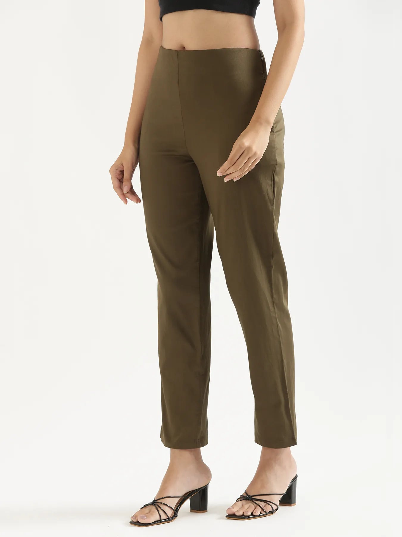 Women Olive Green Straight Fit Formal Pants