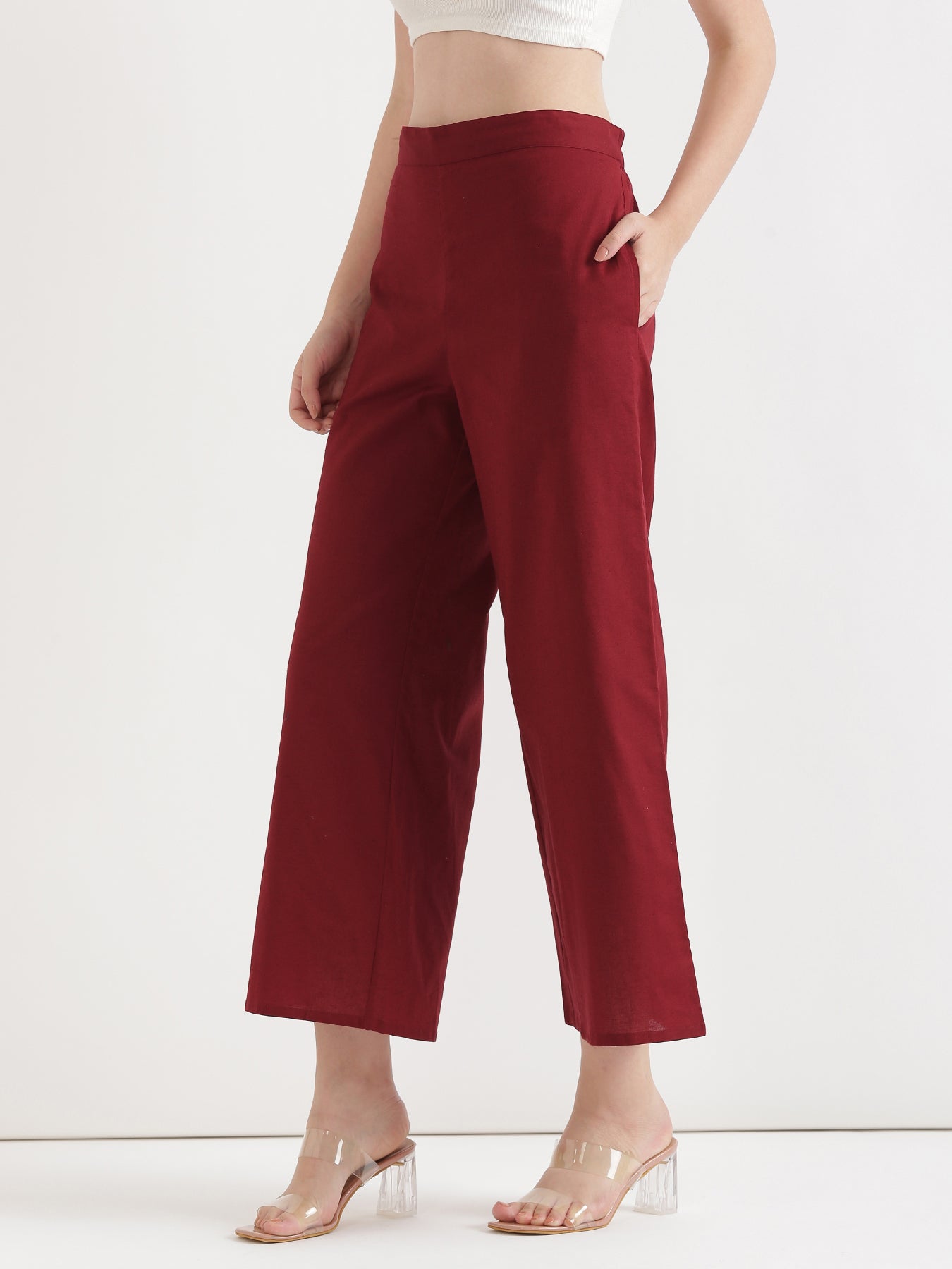 Maroon Airy Linen Wide Leg Pant