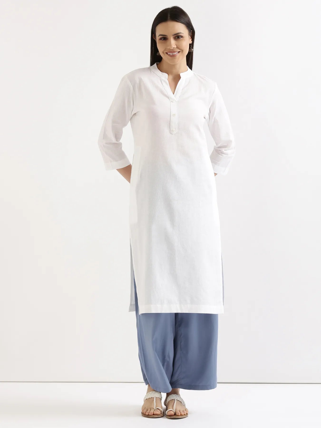 Women White Airy Linen Long Kurta & English Blue Viscose Palazzo Pant Set