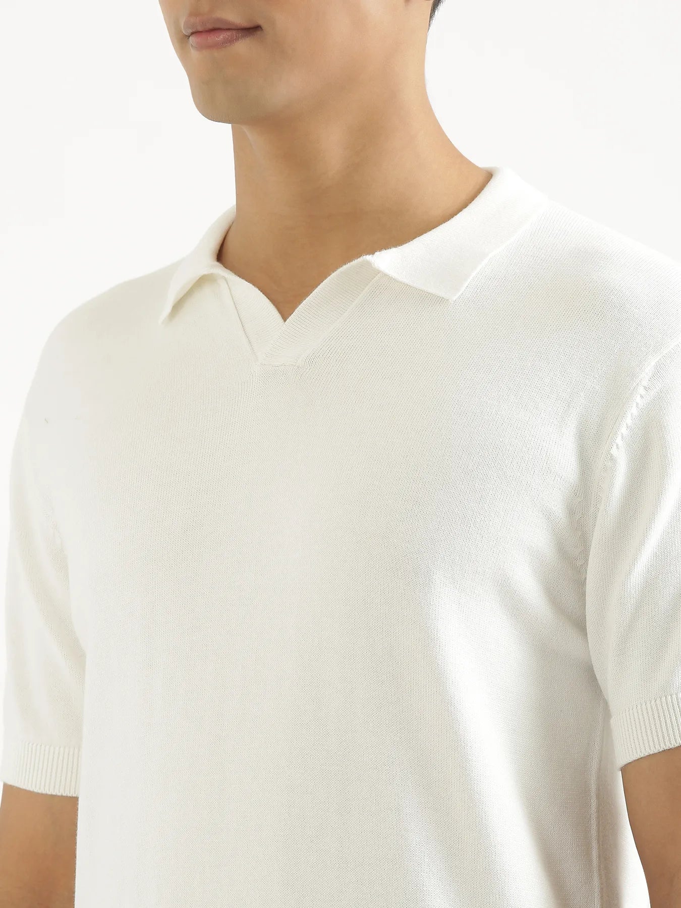 Men Off White Flat Knit Collared T-shirt