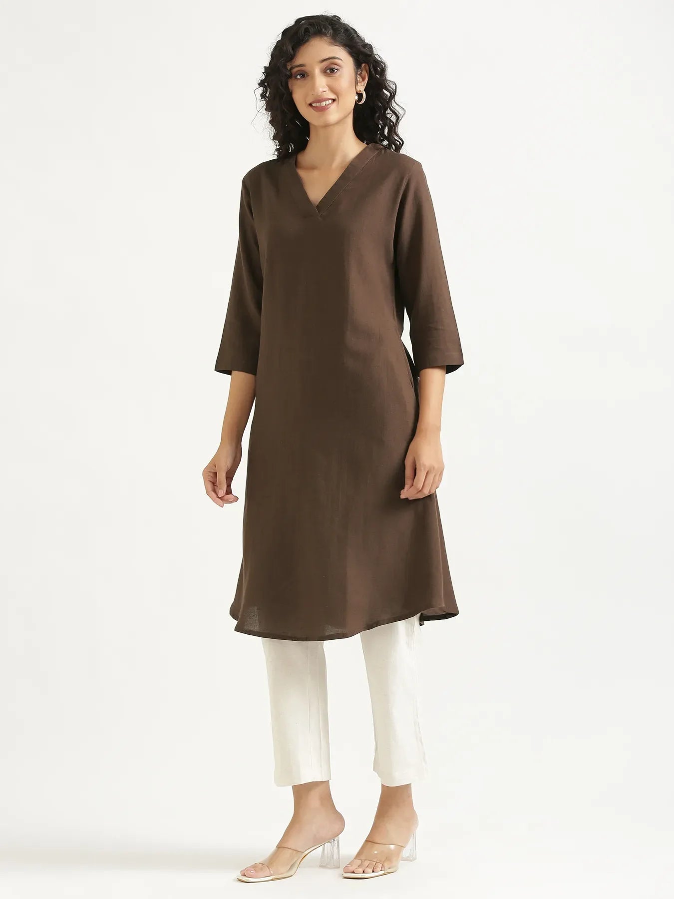 Women Dark Brown Flowy Linen A-Line Long Kurta