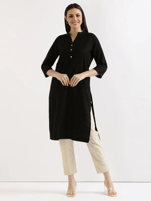 Women Black Airy Linen Long Kurta
