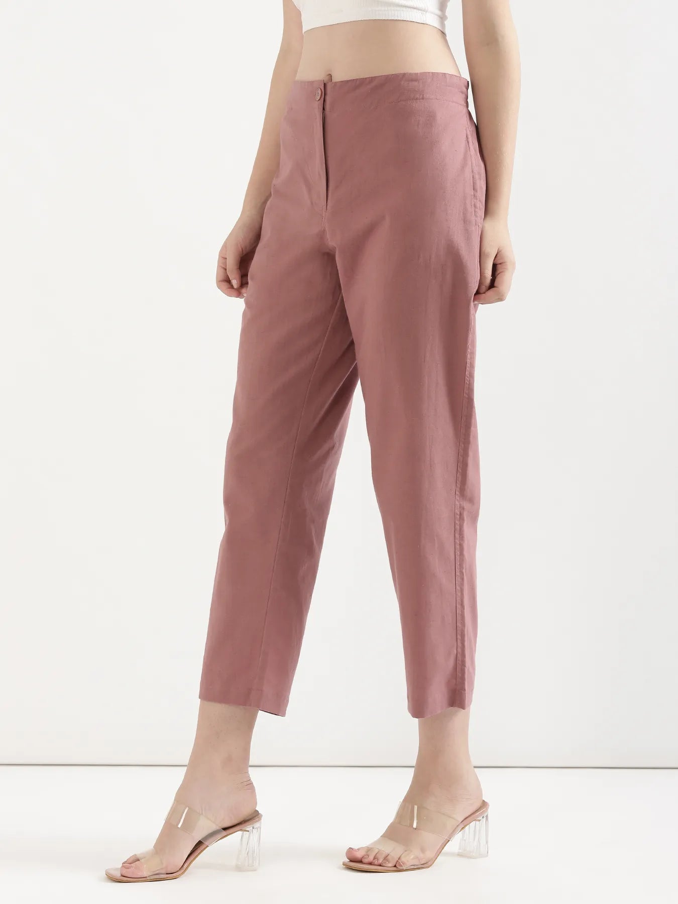 Women Rose Taupe Airy Linen Straight Pant