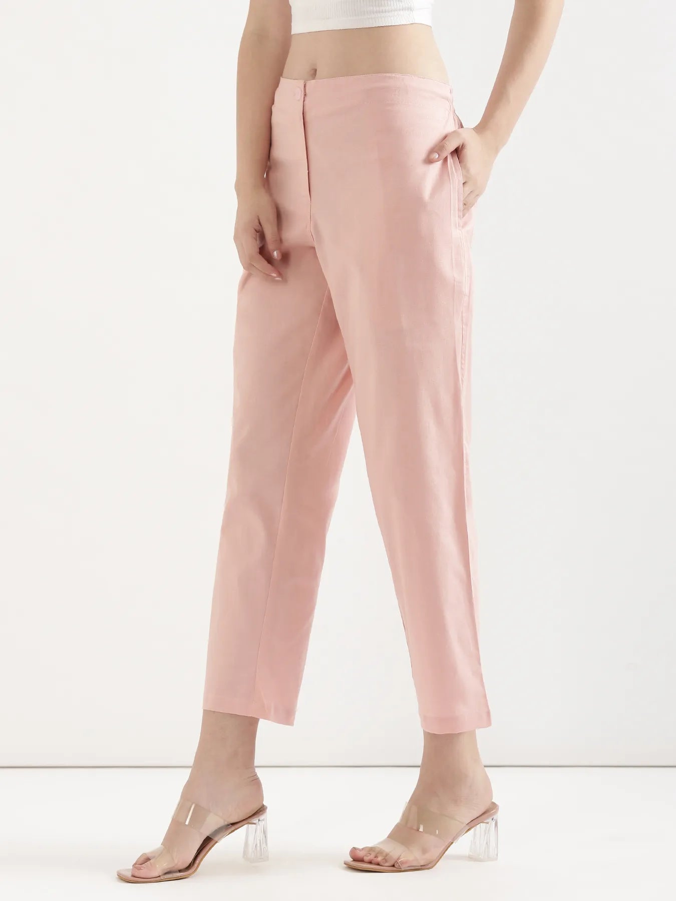 Women Salmon Pink Airy Linen Straight Pant