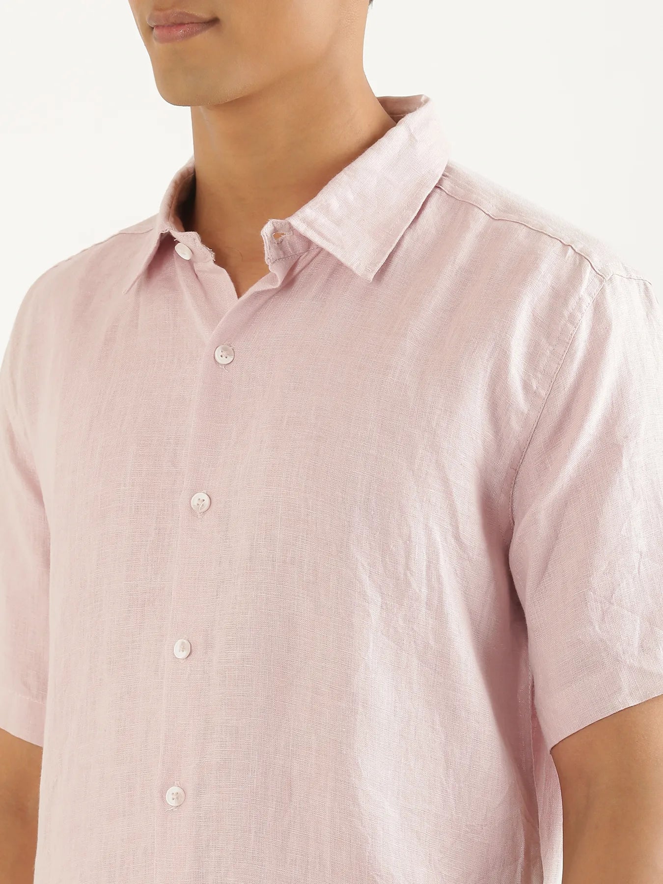 Men Light Pink Pure Linen Short Sleeve Shirt