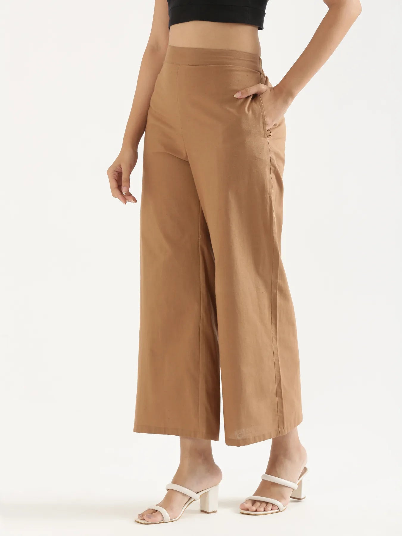 Women Coffee Brown Airy Linen Wide Leg Pant