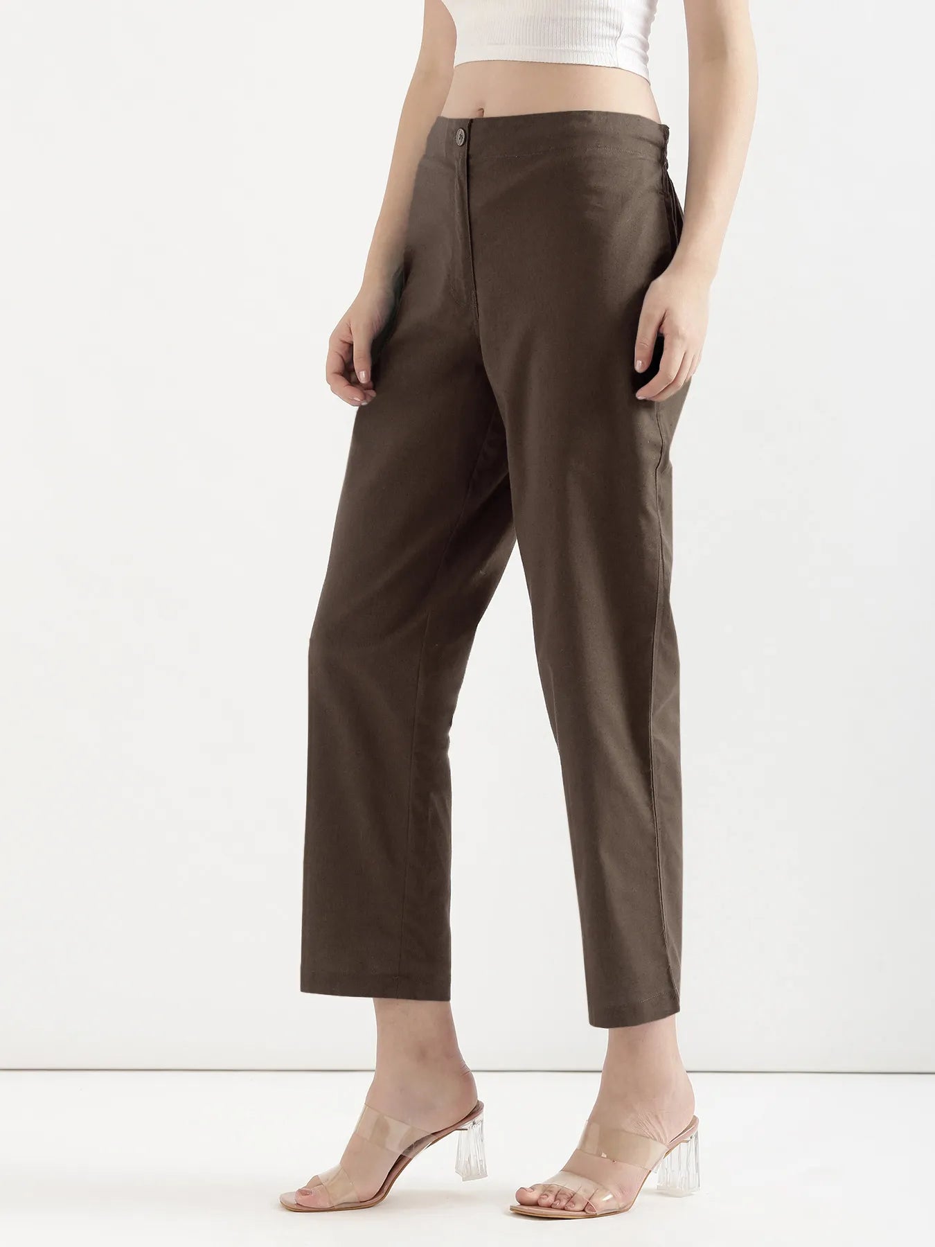 Women Dark Brown Airy Linen Straight Pants