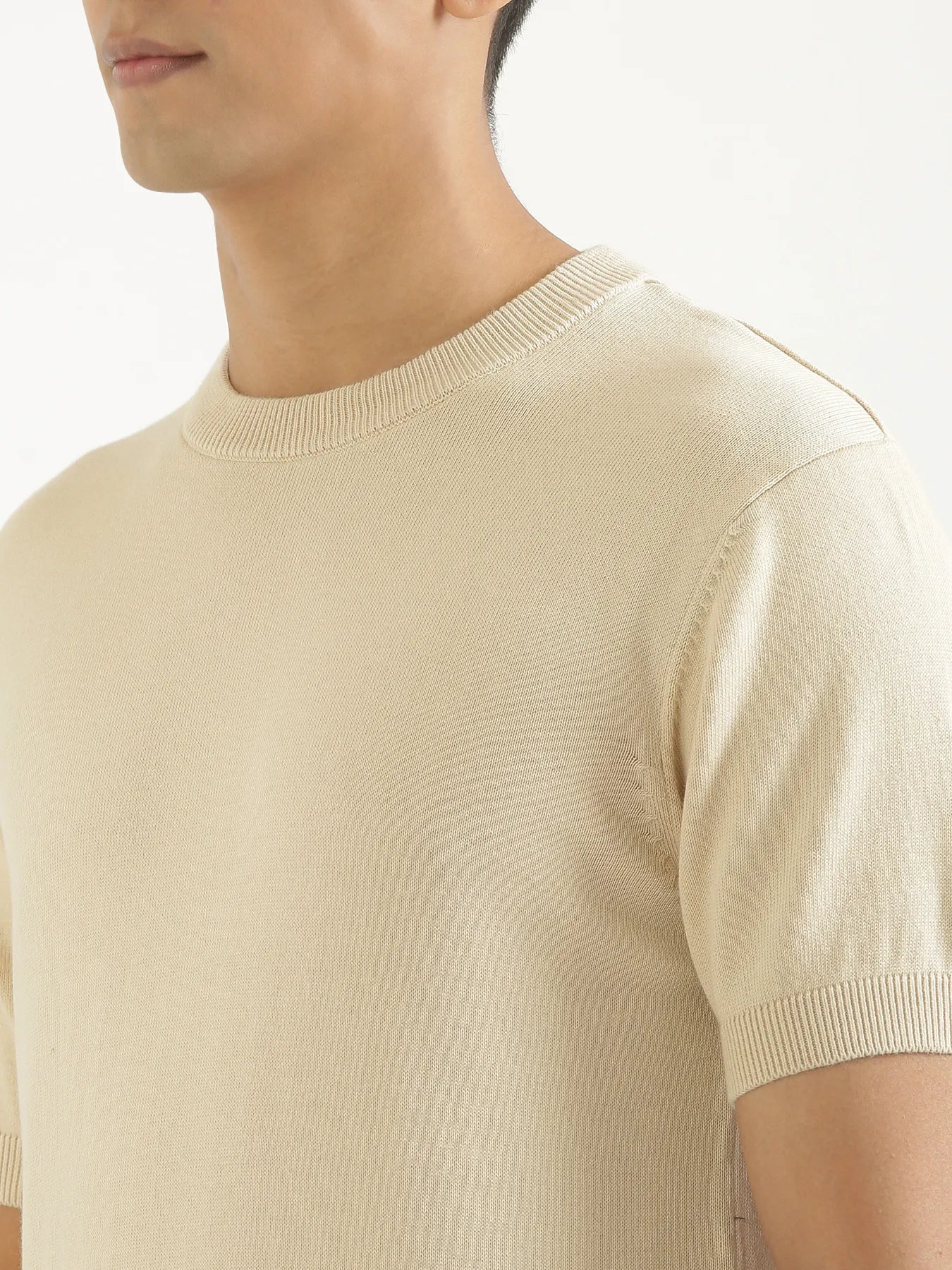 Men Beige Flat Knit Round Neck T-shirt