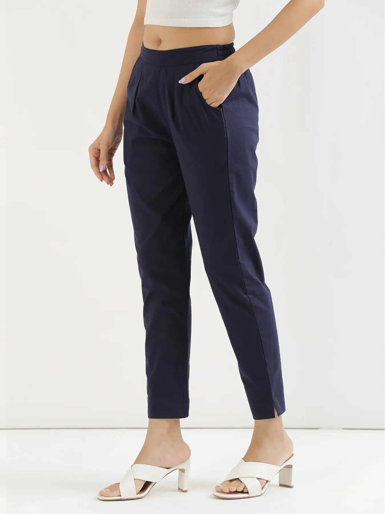 Women Navy Blue Cotton Pant