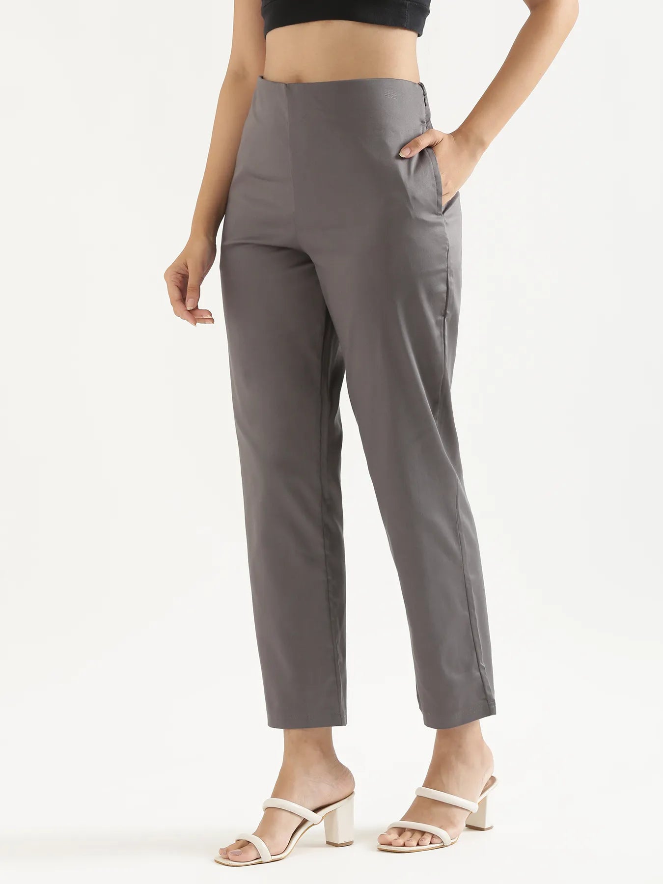Women Plus Size German Grey Straight Fit Formal Pants