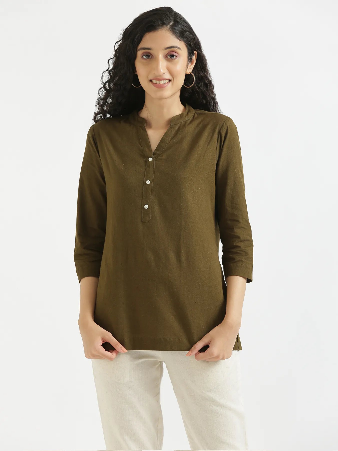 Women Olive Green Airy Linen Short Kurta